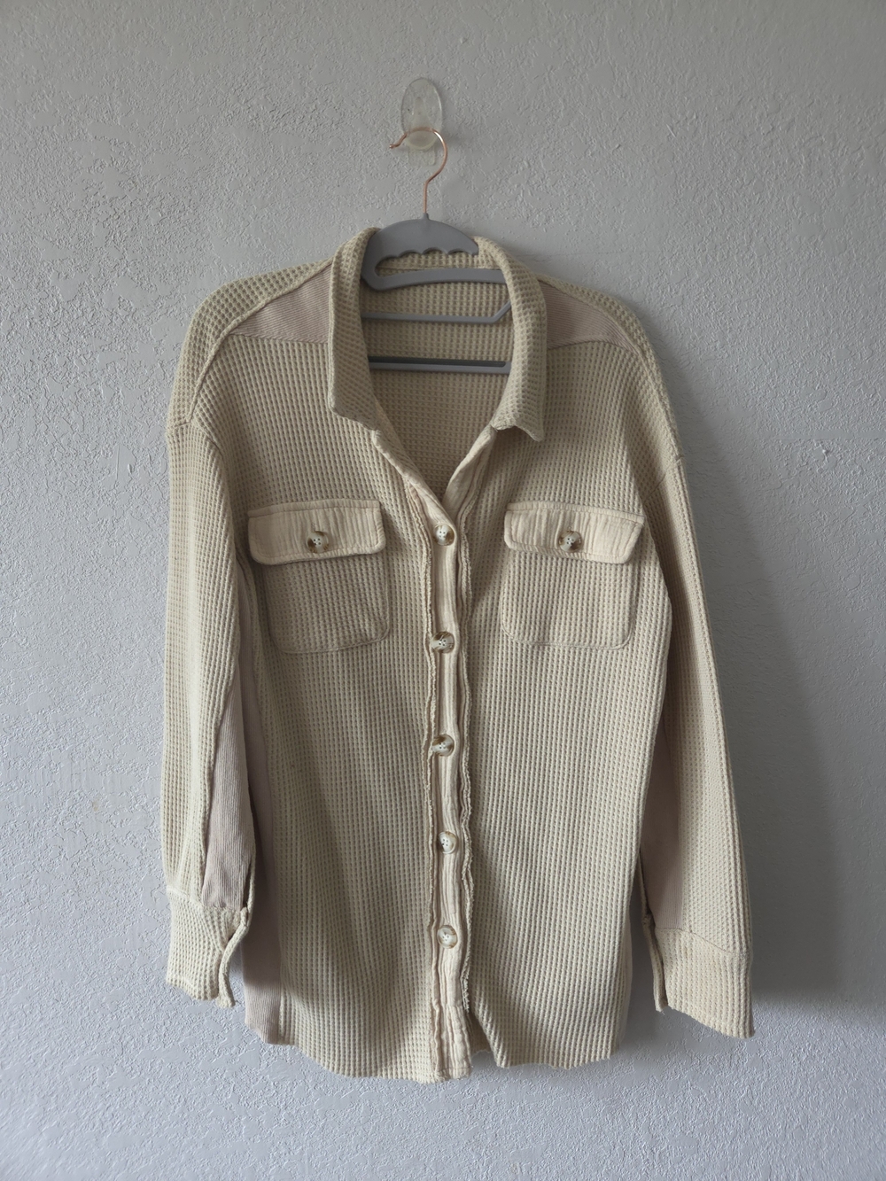 Lightweight Cream Waffle-Knit Shirt Jacket